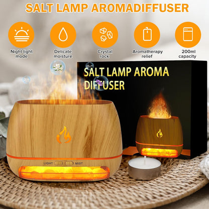 3-In-1 Himalayan Salt Rock Scent Diffuser, Ultrasonic Essential Oil Diffuser, Simulation Flame Diffuser, 7 Colors Changing Oil Diffuser, Wood Grain Aroma Diffuser 200Ml